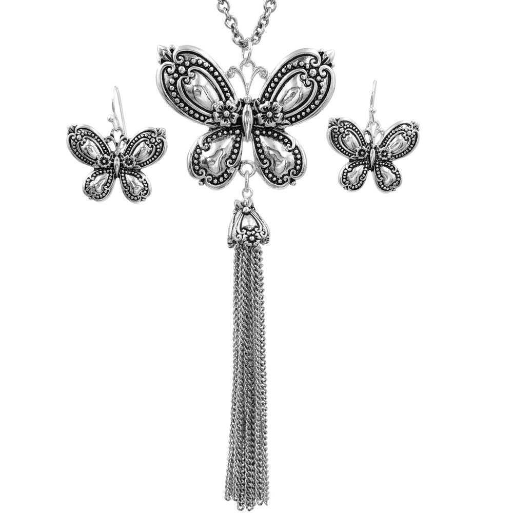 Spoon Handle Look Butterfly Tassel Necklace Set